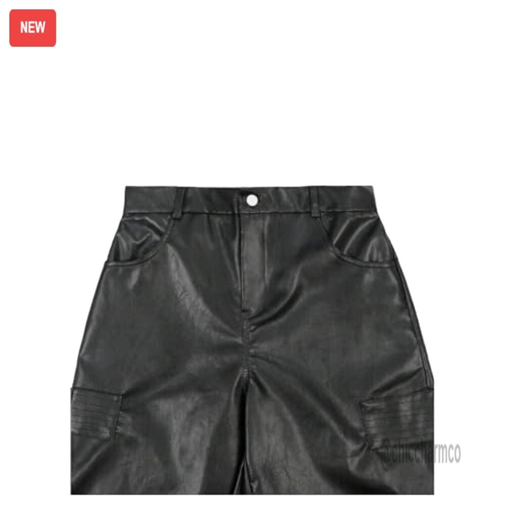 Men's Faux Leather Cargo Pants Wide Leg Baggy Streetwear Trousers - Picture 4 of 5